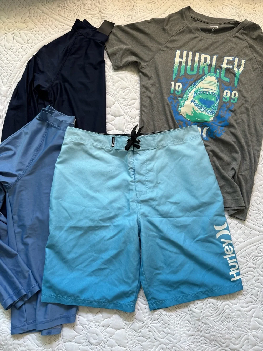 Hurley Boys Gray Shark Graphic Rash Guard Tee with Blue Swim Shorts